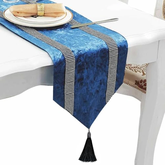 Jiino Light Blue Runners for Dining Table Dresser Runner with Diamante Strip and Tassel Runner 13 x 72 Inches for Home Kitchen Party Wedding Decorations by Jiino - Used - Like New condition