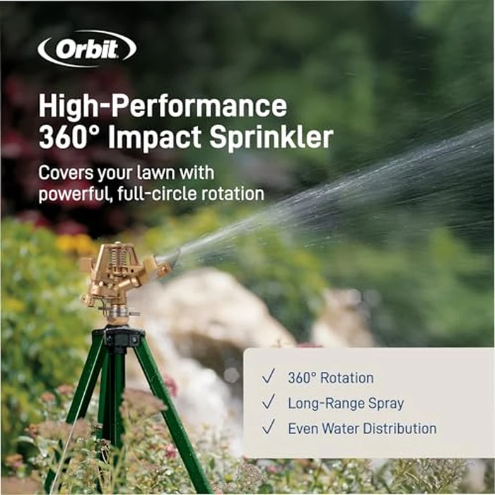 Orbit Tripod Lawn Zinc Impact Sprinkler - 360 Degree Rotating Yard Sprinkler with Adjustable Height - Heavy-Duty Zinc - High-Pressure Nozzle - for Large Lawn Coverage - 56667 by Orbit - Image 3