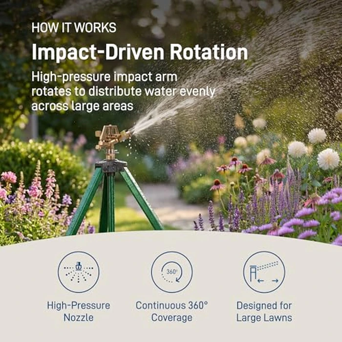 Orbit Tripod Lawn Zinc Impact Sprinkler - 360 Degree Rotating Yard Sprinkler with Adjustable Height - Heavy-Duty Zinc - High-Pressure Nozzle - for Large Lawn Coverage - 56667 by Orbit - Image 4