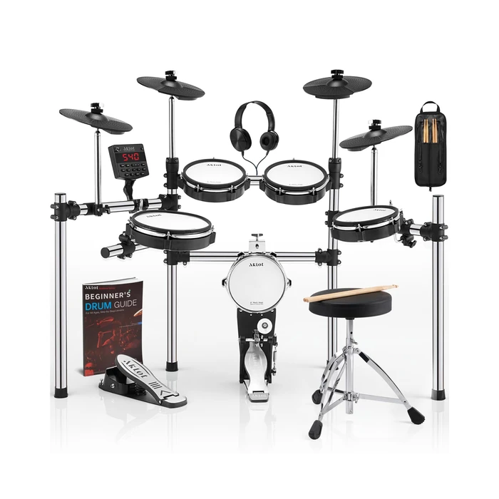 AKLOT Electric Drum Set with Kick-Tower: 4 Dual Zone Mesh Pads, 8’’ Tower-Style Kick Drum, 10’’ Snare, Dual Zone 10’’ Cymbals with Choke, 360 Sounds, User Kit, USB-MIDI, Throne, B-CORE 540 Air, Silver by AKLOT - Image 1