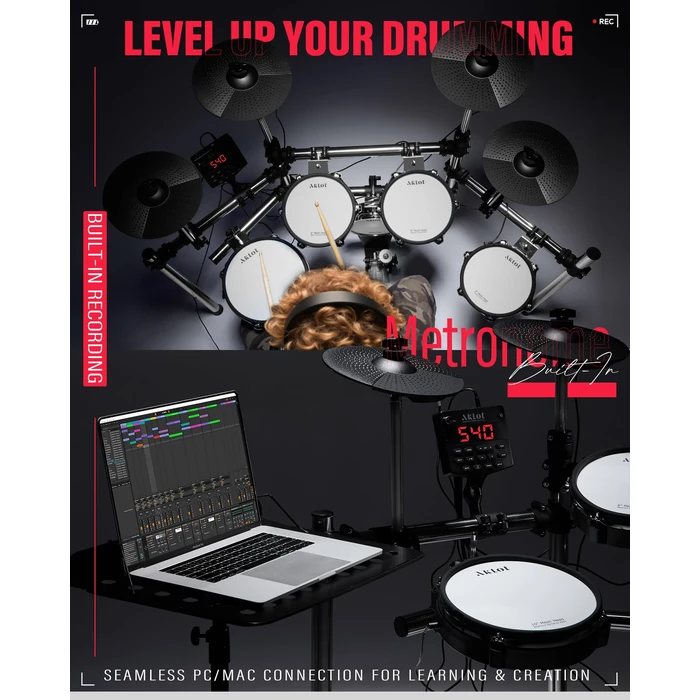 AKLOT Electric Drum Set with Kick-Tower: 4 Dual Zone Mesh Pads, 8’’ Tower-Style Kick Drum, 10’’ Snare, Dual Zone 10’’ Cymbals with Choke, 360 Sounds, User Kit, USB-MIDI, Throne, B-CORE 540 Air, Silver by AKLOT - Image 3