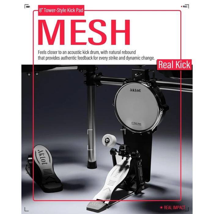 AKLOT Electric Drum Set with Kick-Tower: 4 Dual Zone Mesh Pads, 8’’ Tower-Style Kick Drum, 10’’ Snare, Dual Zone 10’’ Cymbals with Choke, 360 Sounds, User Kit, USB-MIDI, Throne, B-CORE 540 Air, Silver by AKLOT - Image 4