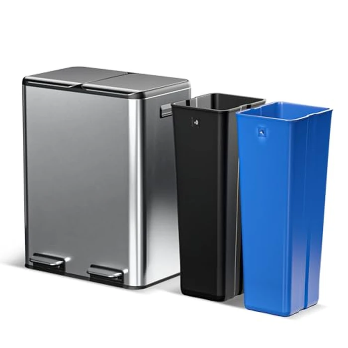 Home Zone Living 16 Gallon Kitchen Trash Can with Dual Compartments for Recycling, Stainless Steel, Silver, 60 Liters Total by Home Zone Living - Image 1