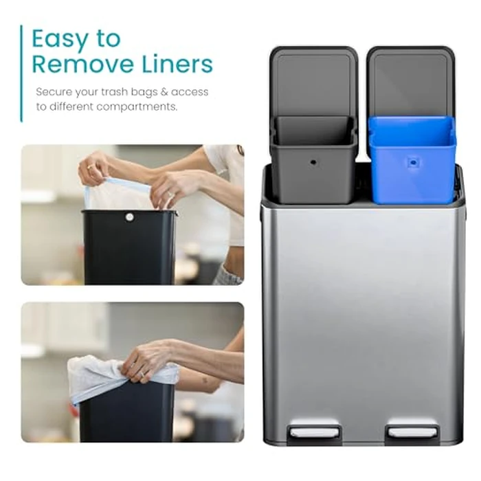 Home Zone Living 16 Gallon Kitchen Trash Can with Dual Compartments for Recycling, Stainless Steel, Silver, 60 Liters Total by Home Zone Living - Image 4