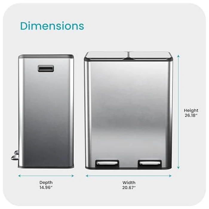 Home Zone Living 16 Gallon Kitchen Trash Can with Dual Compartments for Recycling, Stainless Steel, Silver, 60 Liters Total by Home Zone Living - Image 6