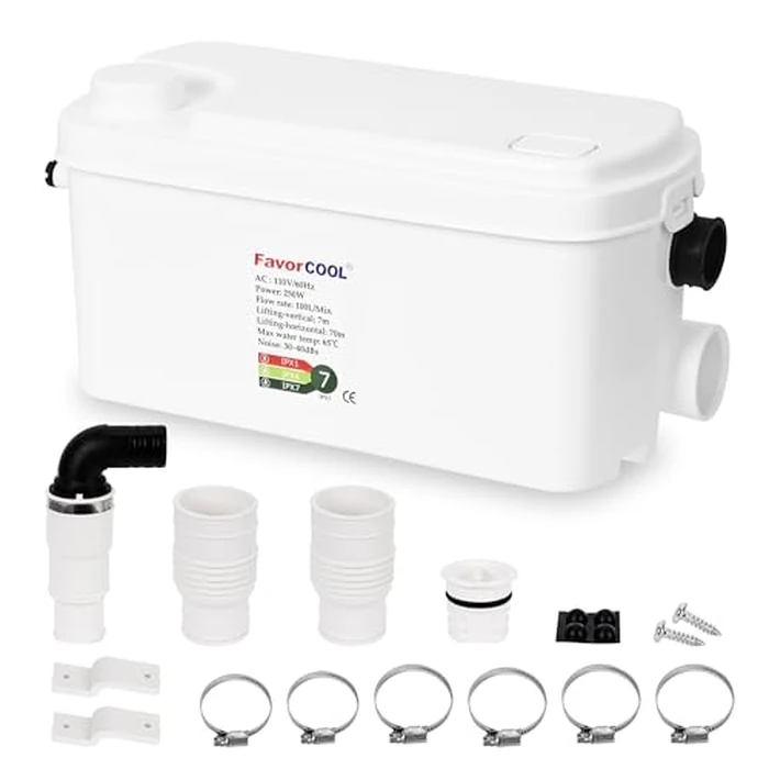 FavorCOOL Sink Sewerage Pump, 250W Sewerage Sump Pump Upflush to 22.9ft/7 m with 3 Water Inlets for Basement, Kitchen, Sink, Shower, Bathtub, Laundry, RV Toilet Sewage Treatment Pump Water Pump by FavorCOOL - Used - Acceptable condition