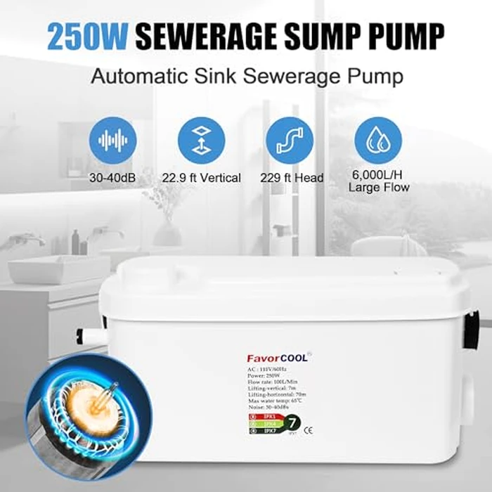 FavorCOOL Sink Sewerage Pump, 250W Sewerage Sump Pump Upflush to 22.9ft/7 m with 3 Water Inlets for Basement, Kitchen, Sink, Shower, Bathtub, Laundry, RV Toilet Sewage Treatment Pump Water Pump by FavorCOOL - Image 2