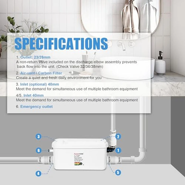 FavorCOOL Sink Sewerage Pump, 250W Sewerage Sump Pump Upflush to 22.9ft/7 m with 3 Water Inlets for Basement, Kitchen, Sink, Shower, Bathtub, Laundry, RV Toilet Sewage Treatment Pump Water Pump by FavorCOOL - Image 5