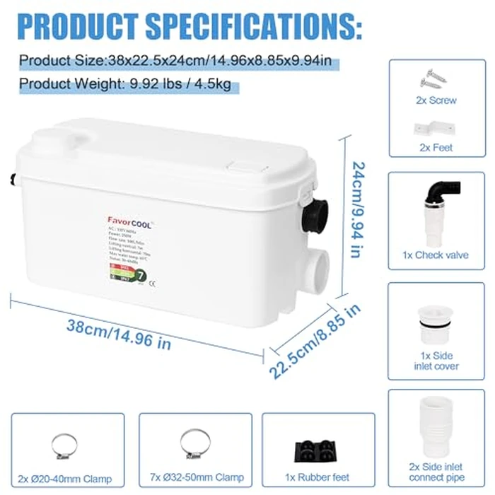 FavorCOOL Sink Sewerage Pump, 250W Sewerage Sump Pump Upflush to 22.9ft/7 m with 3 Water Inlets for Basement, Kitchen, Sink, Shower, Bathtub, Laundry, RV Toilet Sewage Treatment Pump Water Pump by FavorCOOL - Image 7