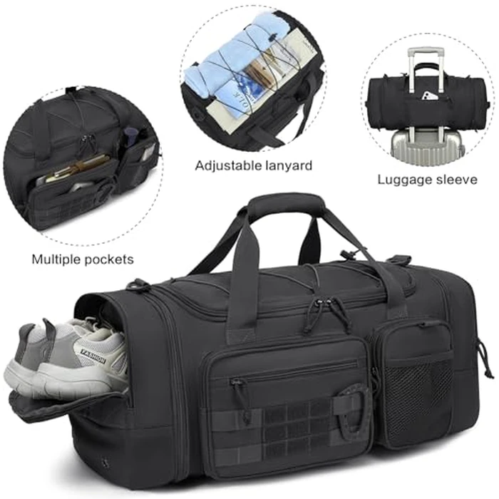 TONRUYN 3 in 1 Tactical Gym Bag Backpack for Men 40-45L Expandable Travel Duffle Bag for Women Military Sport Duffel Bags Weekend Overnight with Shoe Compartment & Wet Pocket for Fitness, Black by TONRUYN - Image 7