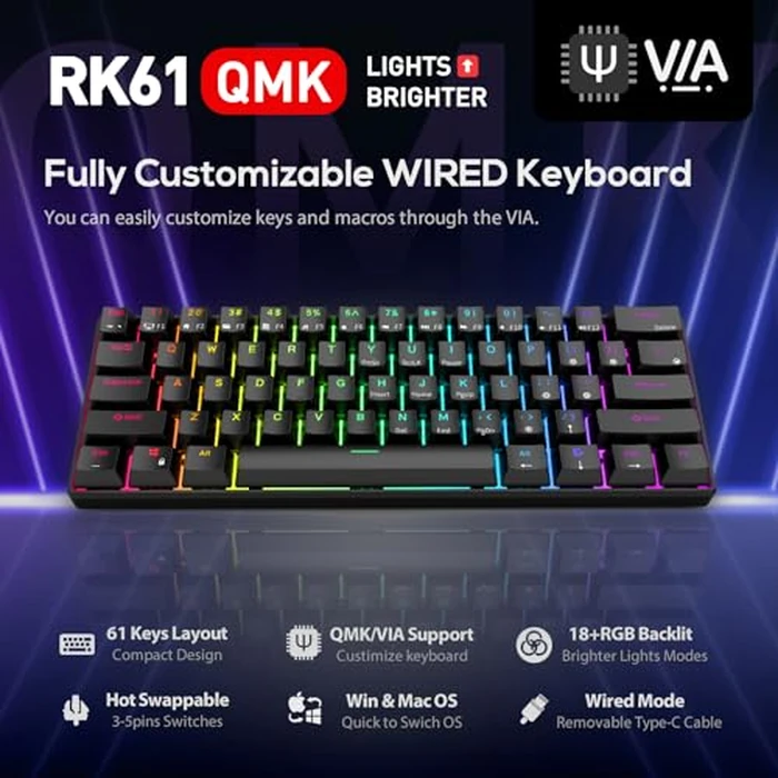 RK ROYAL KLUDGE RK61 Wired 60% Mechanical Gaming Keyboard Programmable QMK/VIA RGB Backlit 61 Keys Ultra-Compact Hot Swappable Red Switch Black by RK ROYAL KLUDGE - Image 2