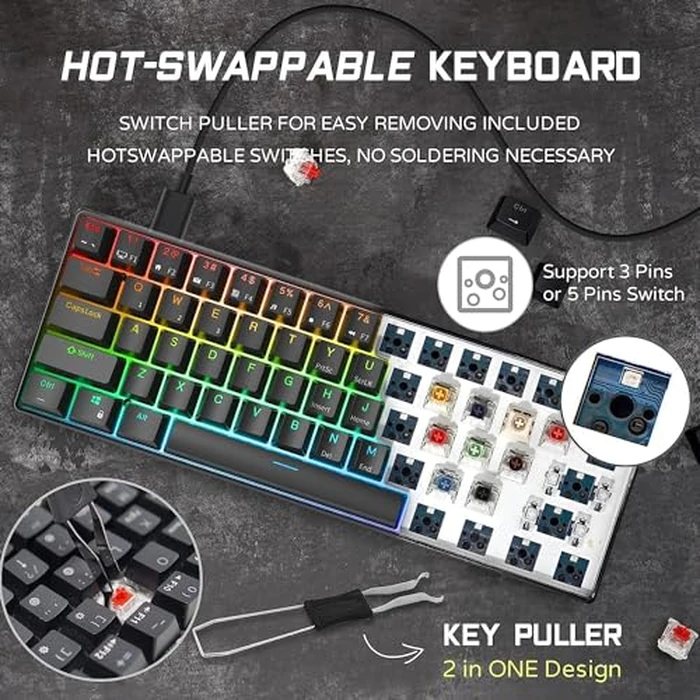 RK ROYAL KLUDGE RK61 Wired 60% Mechanical Gaming Keyboard Programmable QMK/VIA RGB Backlit 61 Keys Ultra-Compact Hot Swappable Red Switch Black by RK ROYAL KLUDGE - Image 3