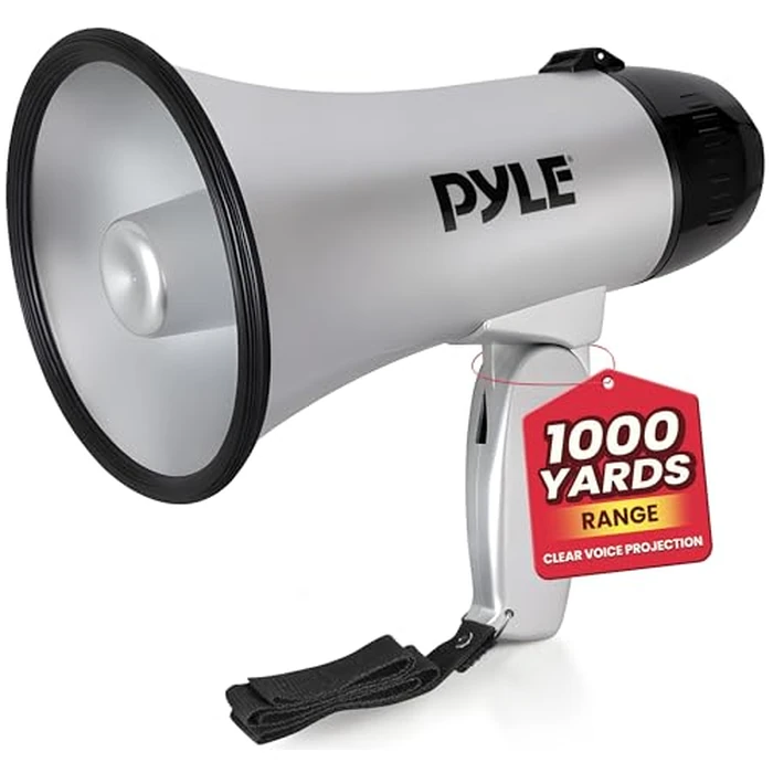 Portable Megaphone Speaker Siren Bullhorn - Compact and Battery Operated with 20 Watt Power, Microphone, 2 Modes, PA Sound and Foldable Handle for Cheerleading and Police Use - Pyle PMP23SL (Silver) by Pyle - Used - Acceptable condition