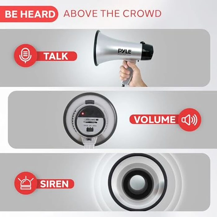 Portable Megaphone Speaker Siren Bullhorn - Compact and Battery Operated with 20 Watt Power, Microphone, 2 Modes, PA Sound and Foldable Handle for Cheerleading and Police Use - Pyle PMP23SL (Silver) by Pyle - Image 3