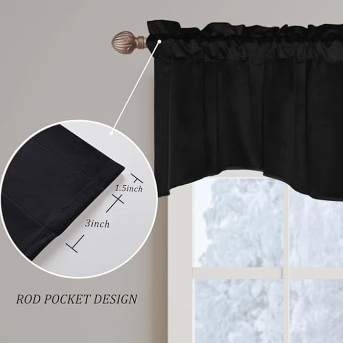JIUZHEN Scalloped Velvet Valance for Kitchen - Rod Pocket Short Room Darkening Thermal Curtains for Small Window Living Room Bedroom Bathroom, 52 x 18 Inch Length,Black,1 Panel by JIUZHEN - Image 2