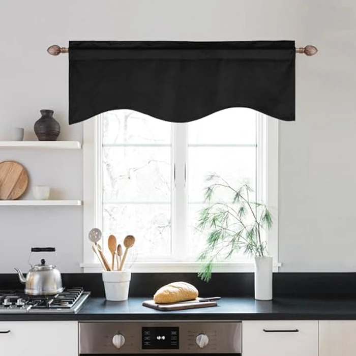 JIUZHEN Scalloped Velvet Valance for Kitchen - Rod Pocket Short Room Darkening Thermal Curtains for Small Window Living Room Bedroom Bathroom, 52 x 18 Inch Length,Black,1 Panel by JIUZHEN - Image 3