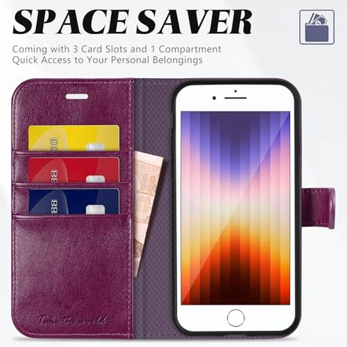 TUCCH Wallet Case for iPhone8/7 iPhone SE 2022/SE 2020, [RFID Blocking] [4 Card Slots] Flip Cover RFID Blocking Magnetic Closure Shock-Absorbent Case Compatible with iPhone 7/8/SE2/SE3 - Plum Purple by TUCCH - Image 3
