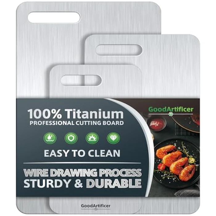 Titanium Cutting Boards Set of 3, 100% Pure Titanium Kitchen Cutting Board, Double-Sided Non-Toxic Cutting Board, Ideal for Slicing and Dicing Meats, Features Handle, Dishwasher Safe by GoodArtificer - Used - Like New condition