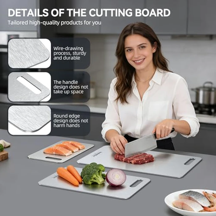 Titanium Cutting Boards Set of 3, 100% Pure Titanium Kitchen Cutting Board, Double-Sided Non-Toxic Cutting Board, Ideal for Slicing and Dicing Meats, Features Handle, Dishwasher Safe by GoodArtificer - Image 3
