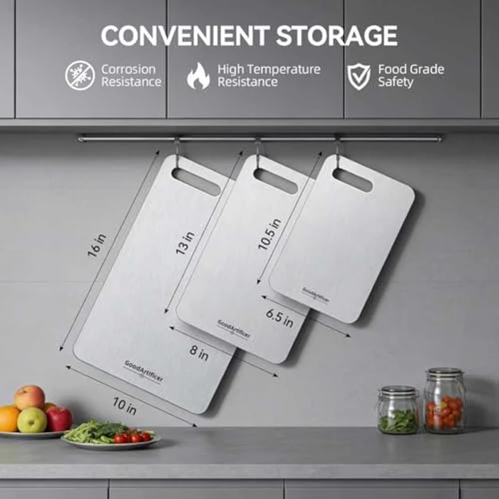 Titanium Cutting Boards Set of 3, 100% Pure Titanium Kitchen Cutting Board, Double-Sided Non-Toxic Cutting Board, Ideal for Slicing and Dicing Meats, Features Handle, Dishwasher Safe by GoodArtificer - Image 4