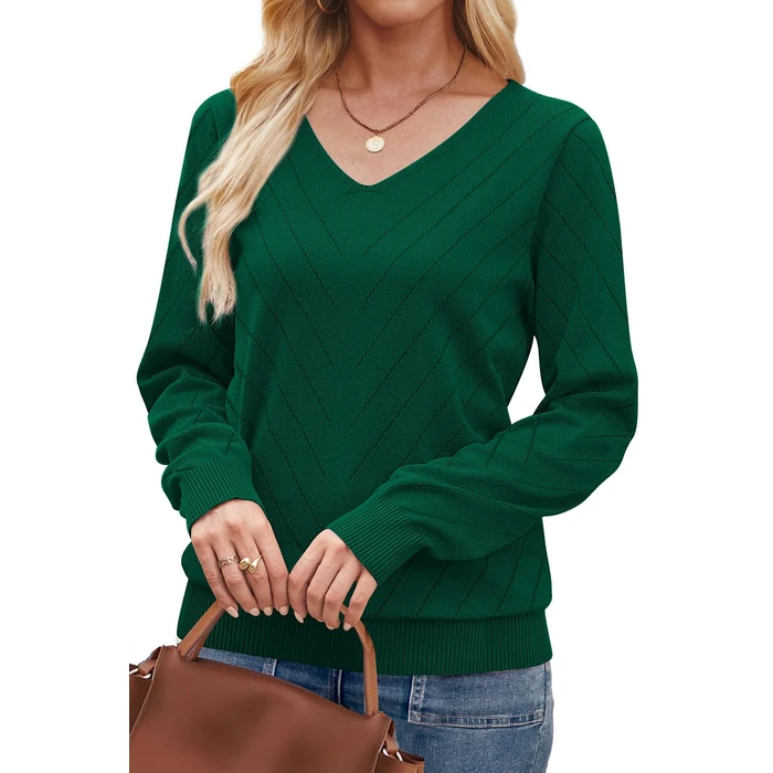 WIHOLL Sweaters for Women Trendy Fall Fashion 2026 Casual V Neck Long Sleeve Tops Crochet Knit Vacation Office School Outfits for Teachers Cute Winter Clothing Pullover Green L by WIHOLL - Image 10