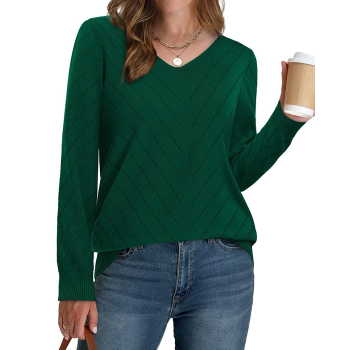 WIHOLL Sweaters for Women Trendy Fall Fashion 2026 Casual V Neck Long Sleeve Tops Crochet Knit Vacation Office School Outfits for Teachers Cute Winter Clothing Pullover Green L by WIHOLL - Image 7