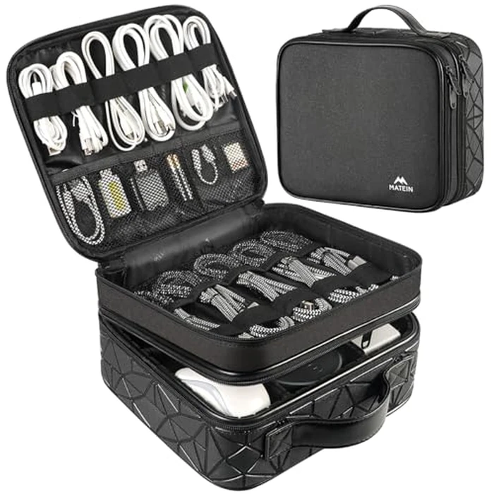 MATEIN Cable Organizer Bag, Waterproof Travel Electronic Storage, Shockproof Portable Double Layer Tech Bags Carrying Case for Cord, Earbuds, Charger, SD Card, DJ Gifts, Black by MATEIN - Used - Like New condition - US$20.29