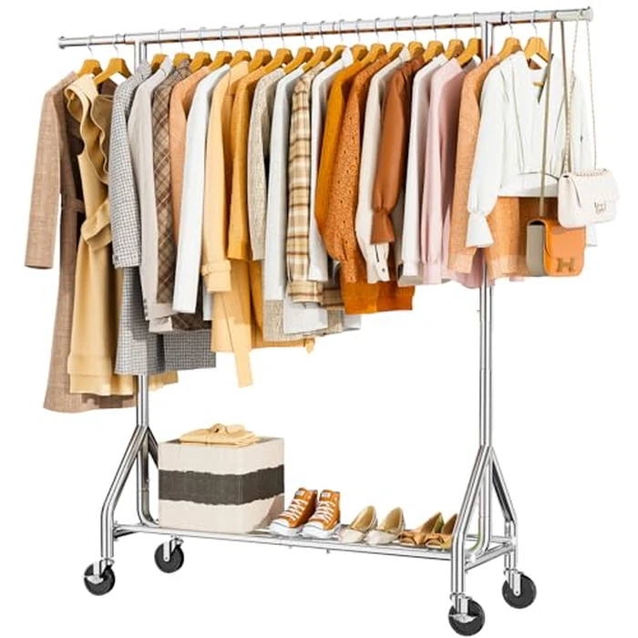 HYSEYY Heavy Duty Clothes Rack Load 450 LBS, Metal Garment Rack, Standing Rolling Clothing Rack for Hanging Clothes with Sturdy Wheels & Shelves, Portable Closet Wardrobe Rack,Sliver by HYSEYY - Used - Very Good condition - US$74.14