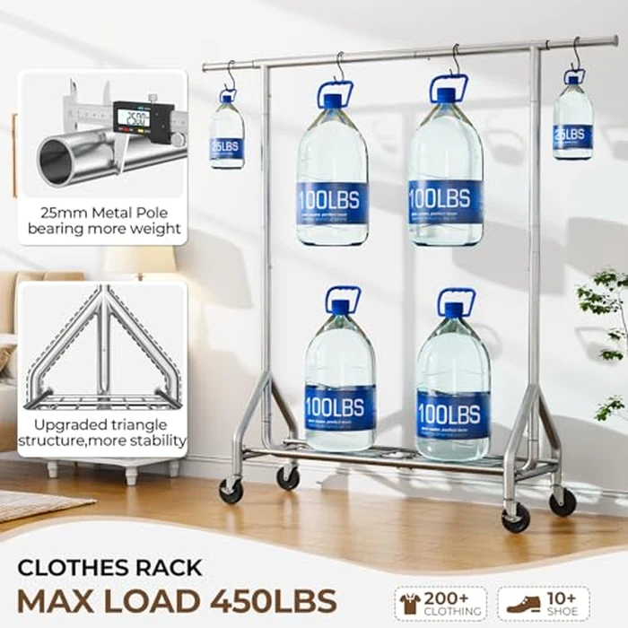 HYSEYY Heavy Duty Clothes Rack Load 450 LBS, Metal Garment Rack, Standing Rolling Clothing Rack for Hanging Clothes with Sturdy Wheels & Shelves, Portable Closet Wardrobe Rack,Sliver by HYSEYY - Image 2
