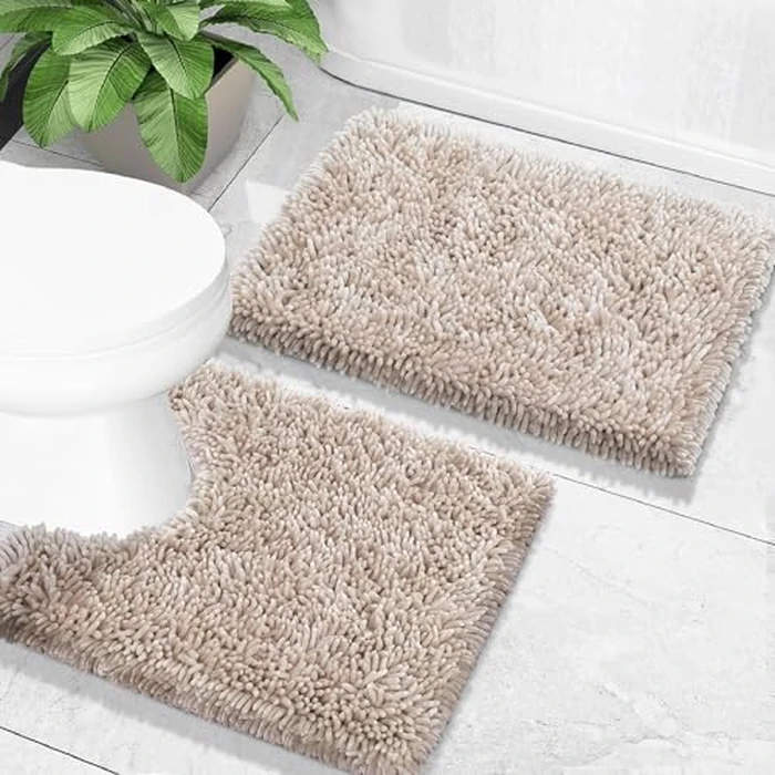 Yimobra Bathroom Rugs Sets 2 Piece, Soft Absorbent Bath Mat and U-Shaped Toilet Rug with Non Slip Backing, Luxury Shaggy Bath Mats for Bathroom, Machine Washable, 24"x17"+24"x20", Khaki by Yimobra - Used - Very Good condition - US$23.19