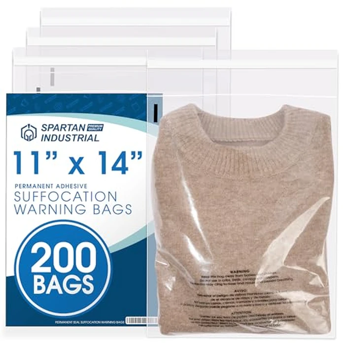 Spartan Industrial - 11” X 14” (200 Count) Self Seal Clear Poly Bags with Suffocation Warning for Packaging, T Shirts - Permanent Adhesive by Spartan Industrial - Image 1