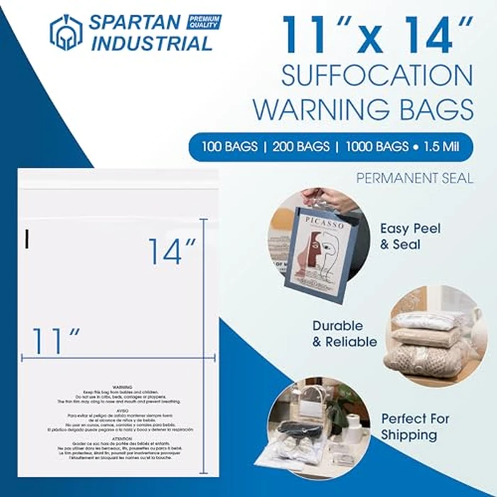 Spartan Industrial - 11” X 14” (200 Count) Self Seal Clear Poly Bags with Suffocation Warning for Packaging, T Shirts - Permanent Adhesive by Spartan Industrial - Image 2
