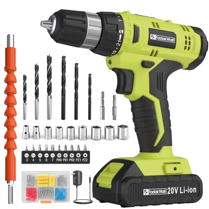 FADAKWALT Cordless Drill Set, 20V Electric Power Drill with Battery And Charger, Torque 30N, 21+1 Torque Setting, 3/8-Inch Keyless Chuck, Drill Driver Bits Kit, with LED by FADAKWALT - Used - Like New condition