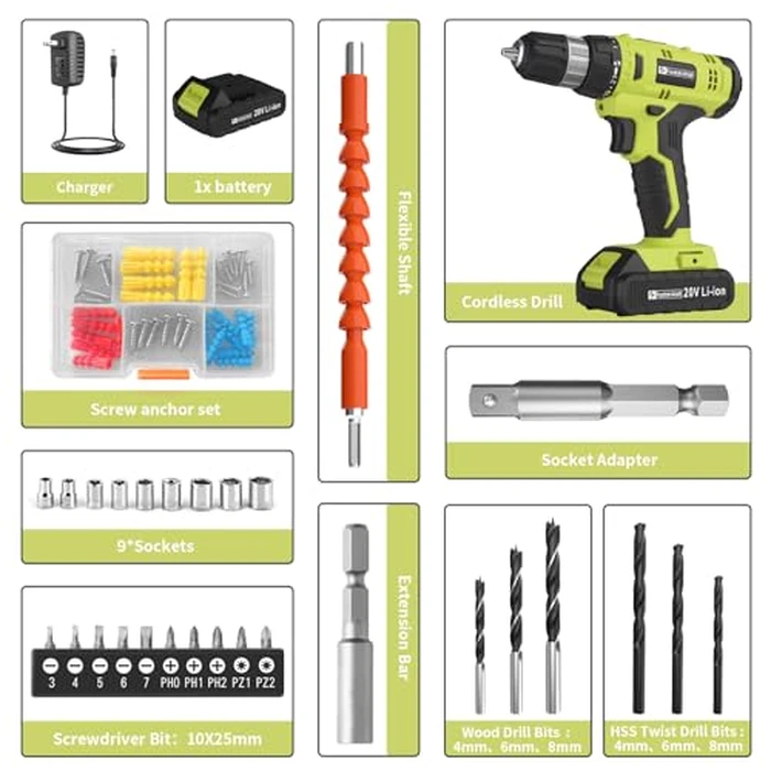 FADAKWALT Cordless Drill Set, 20V Electric Power Drill with Battery And Charger, Torque 30N, 21+1 Torque Setting, 3/8-Inch Keyless Chuck, Drill Driver Bits Kit, with LED by FADAKWALT - Image 6