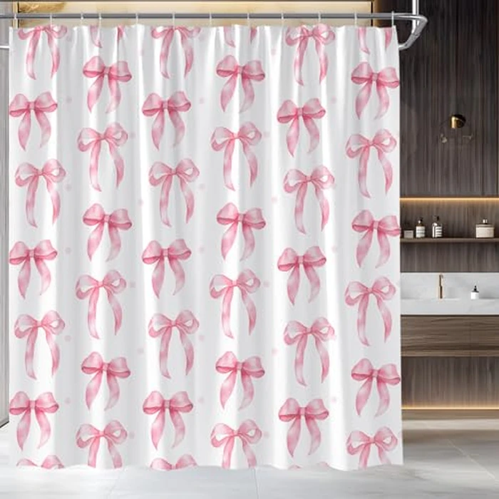 Pink Bow Shower Curtain Cute Bowknot Watercolor Modern Fashion Aesthetic Fabric for Bathroom Decor Bathtub with Hooks(70" WX70 H) by ASVEAS - Used - Good condition - CA$17.98