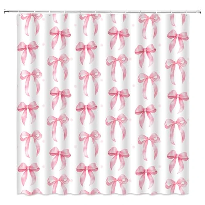 Pink Bow Shower Curtain Cute Bowknot Watercolor Modern Fashion Aesthetic Fabric for Bathroom Decor Bathtub with Hooks(70" WX70 H) by ASVEAS - Image 2