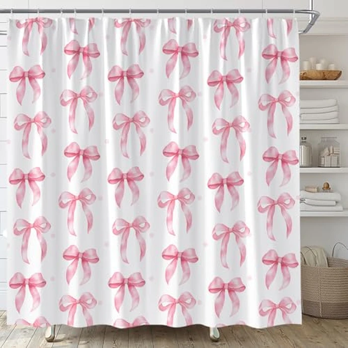 Pink Bow Shower Curtain Cute Bowknot Watercolor Modern Fashion Aesthetic Fabric for Bathroom Decor Bathtub with Hooks(70" WX70 H) by ASVEAS - Image 3