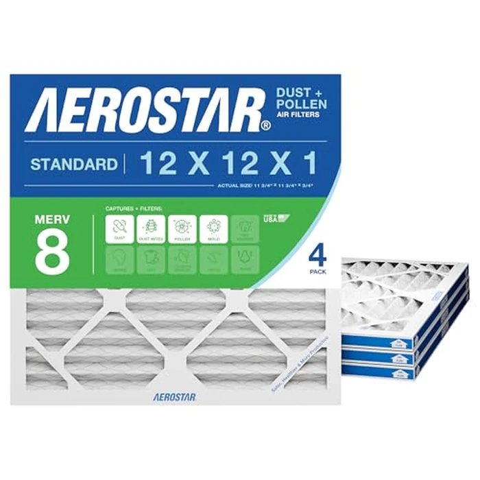 Aerostar 12x12x1 MERV 8 Air Filter, 4 Count, ACTUAL SIZE (11.75 x 11.75 x 0.75), HVAC, Air Conditioning & Furnace Filter Captures Dust, Lint & Pollen (MPR 600 / FPR 5), Made in USA by Aerostar - Used - Like New condition - US$12.44