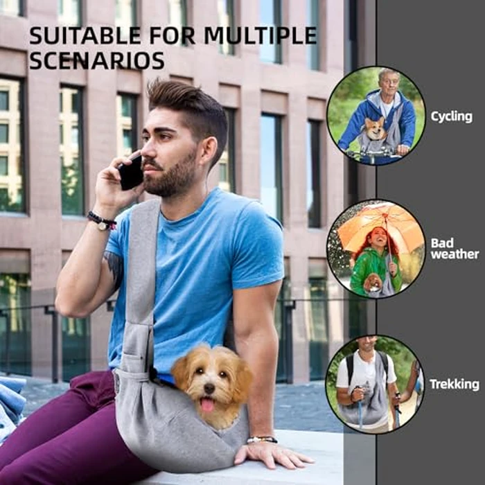 Dog Carrier Sling - Reversible Puppy Carrier Purse with Storage Pocket, Hand-Free Dog Sling Carrier for Carry Small Dogs and Cats, Travel Safety Harness, Dog and Cat Harness (Gray) by ARZQUT - Image 2
