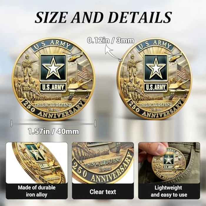 250th Anniversary U.S. Army Commemorative Coin - Double-Sided High Relief Design - 1775-2025 Military Collector Coin - Veteran Gift - Patriotic Metal Challenge Coin (Army) by Touzanious - Image 3