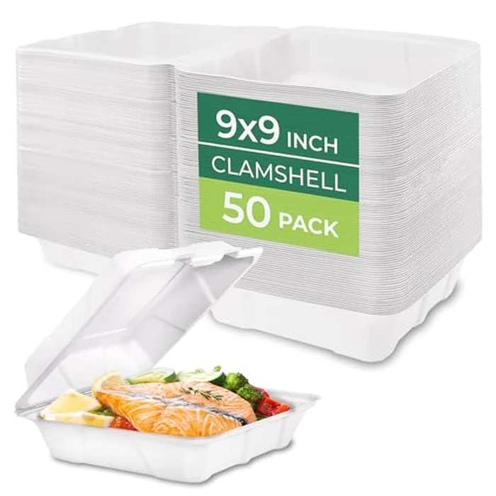 Freshware Compostable 9x9" Clamshell Take Out Food Containers [50-Pack] - Biodegradable Sugarcane To Go Boxes - Paper Food Container - Microwave & Freezer Safe, Stackable by Freshware - Image 1