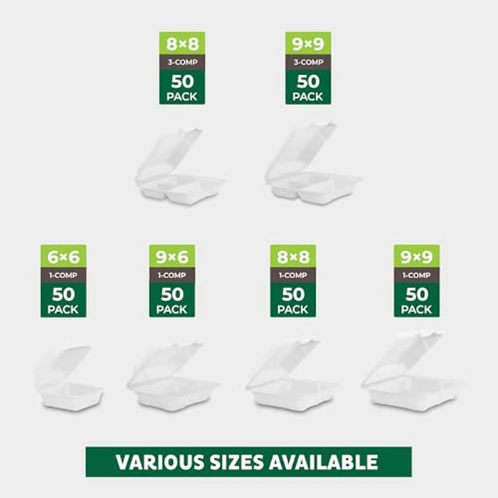 Freshware Compostable 9x9" Clamshell Take Out Food Containers [50-Pack] - Biodegradable Sugarcane To Go Boxes - Paper Food Container - Microwave & Freezer Safe, Stackable by Freshware - Image 3