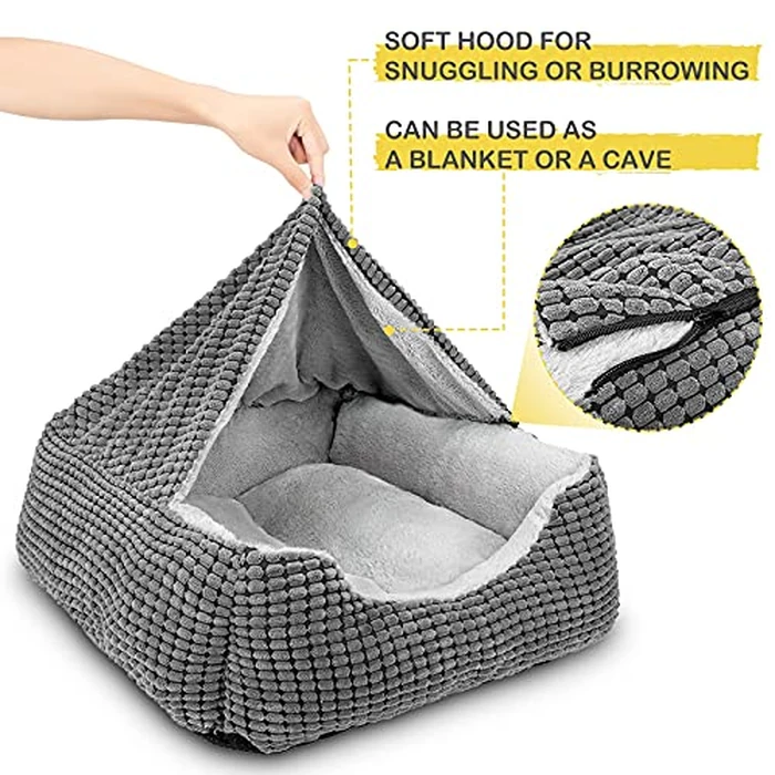 GASUR Dog Beds for Small Dogs with Cover Cave, Cat Beds for Indoor Cats, Rectangle Hooded Dog Puppy Bed with Blanket, Cozy Anti-Anxiety, Anti-Slip Bottom and Machine Washable (20", Grey) by GASUR - Image 3