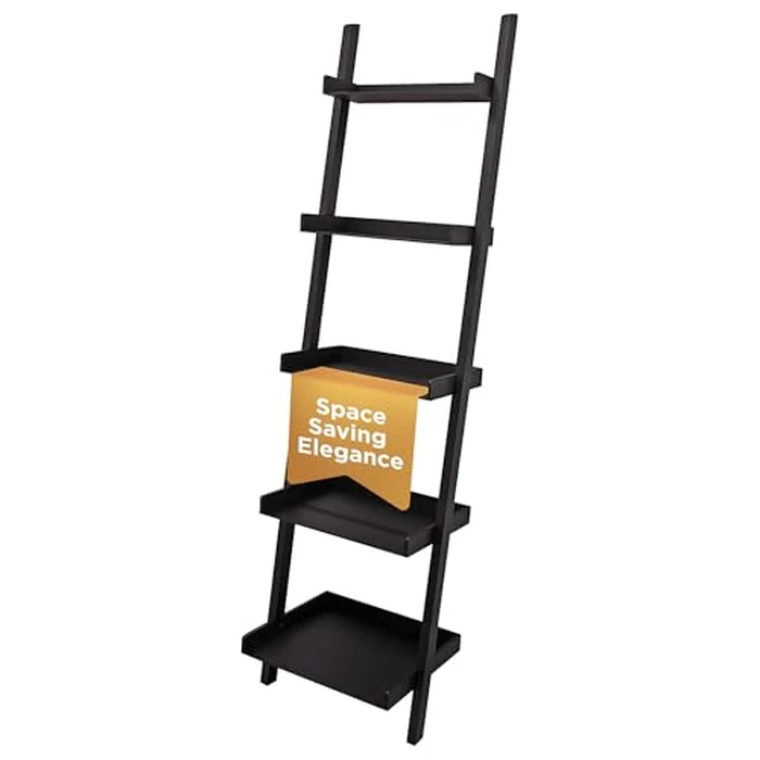 Kiera Grace Providence Hadfield 5-Tier Ladder Shelf, Leaning Bookshelf and Storage Shelf, Modern Living Room Furniture, Ideal for Home and Office, 66" H x 18" W, Black by Kiera Grace - Used - Acceptable condition