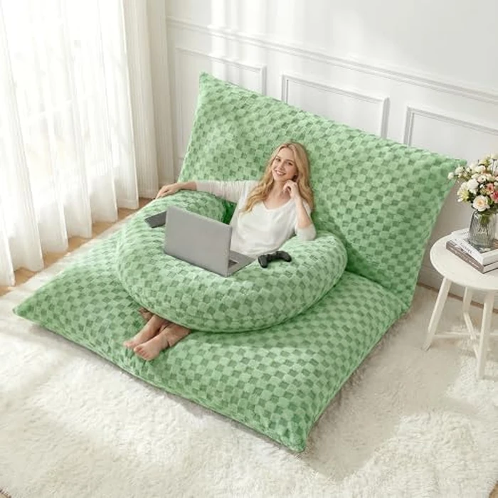 HABUTWAY 3 in 1 Bean Bag Chair with Portable U-Shaped Pillow, Giant Bean Bag with Washable Cover, Convertible Sofa Bed (Green) by HABUTWAY - Used - Very Good condition