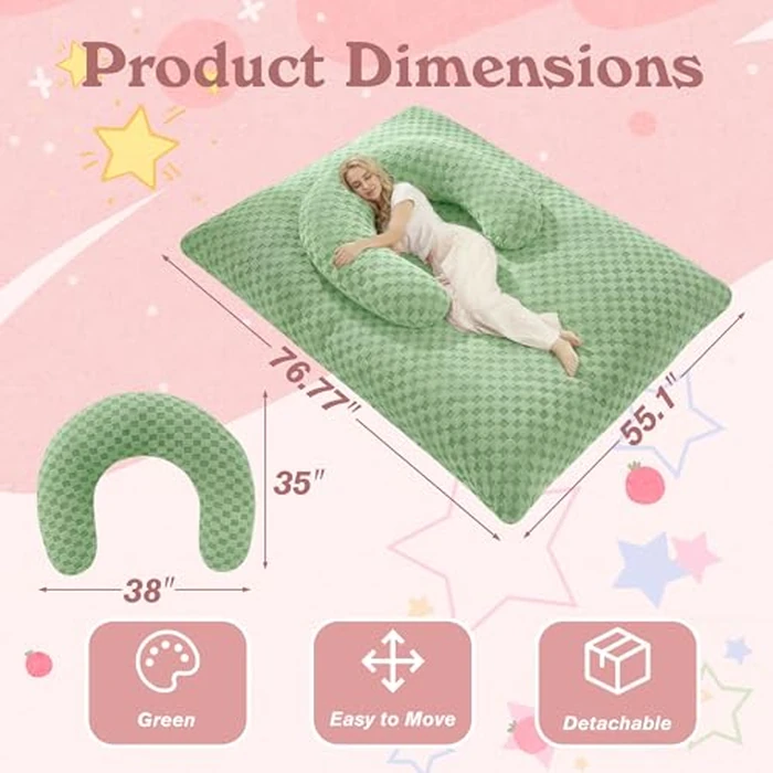 HABUTWAY 3 in 1 Bean Bag Chair with Portable U-Shaped Pillow, Giant Bean Bag with Washable Cover, Convertible Sofa Bed (Green) by HABUTWAY - Image 2