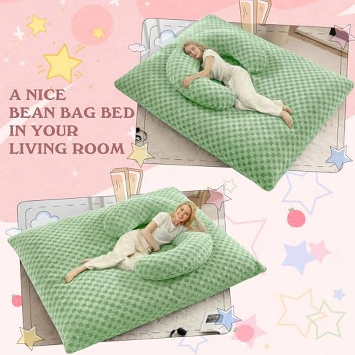 HABUTWAY 3 in 1 Bean Bag Chair with Portable U-Shaped Pillow, Giant Bean Bag with Washable Cover, Convertible Sofa Bed (Green) by HABUTWAY - Image 4