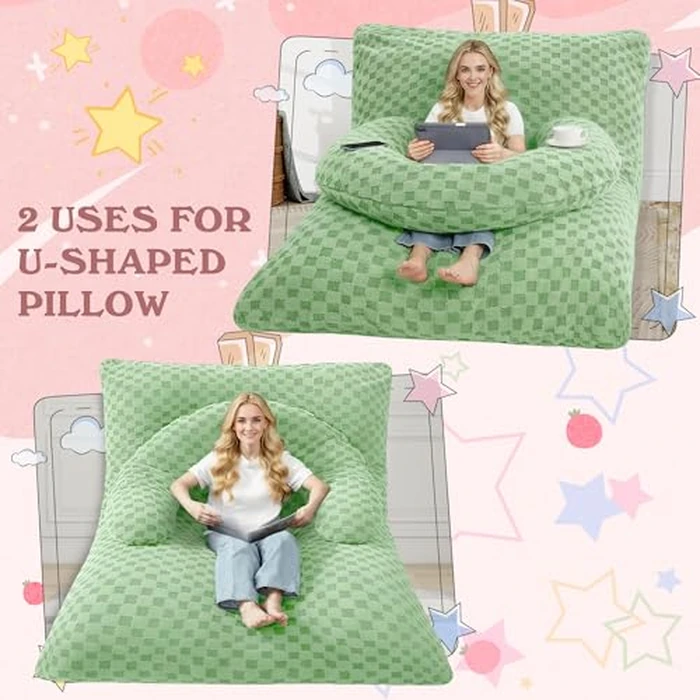 HABUTWAY 3 in 1 Bean Bag Chair with Portable U-Shaped Pillow, Giant Bean Bag with Washable Cover, Convertible Sofa Bed (Green) by HABUTWAY - Image 5