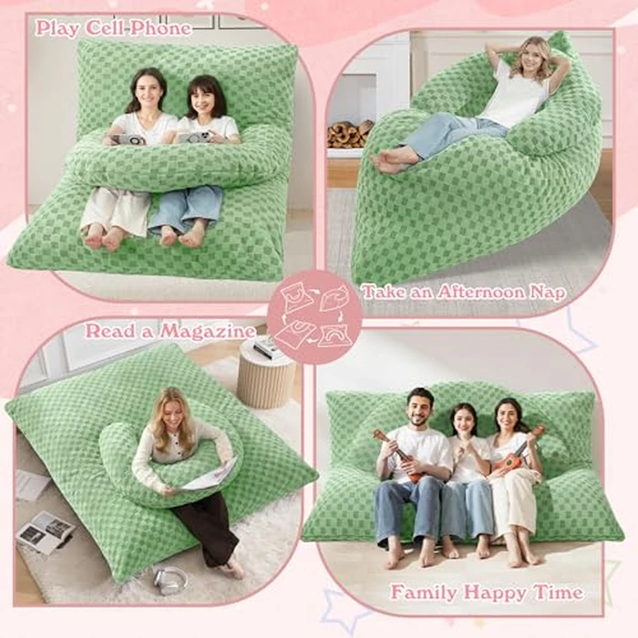 HABUTWAY 3 in 1 Bean Bag Chair with Portable U-Shaped Pillow, Giant Bean Bag with Washable Cover, Convertible Sofa Bed (Green) by HABUTWAY - Image 7