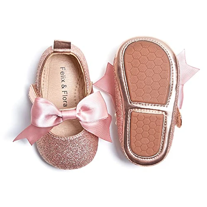 Soft Sole Leather Pink Baby Shoes - Infant Baby Walking Shoes Moccasinss Rubber Sole Crib Shoes(Pink,12-18Months Infant) by Felix & Flora - Image 1